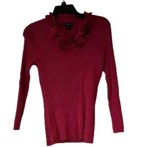 August Silk Raspberry Stretch Sweater with Ruffle Faux Shirt - Large - Fashion